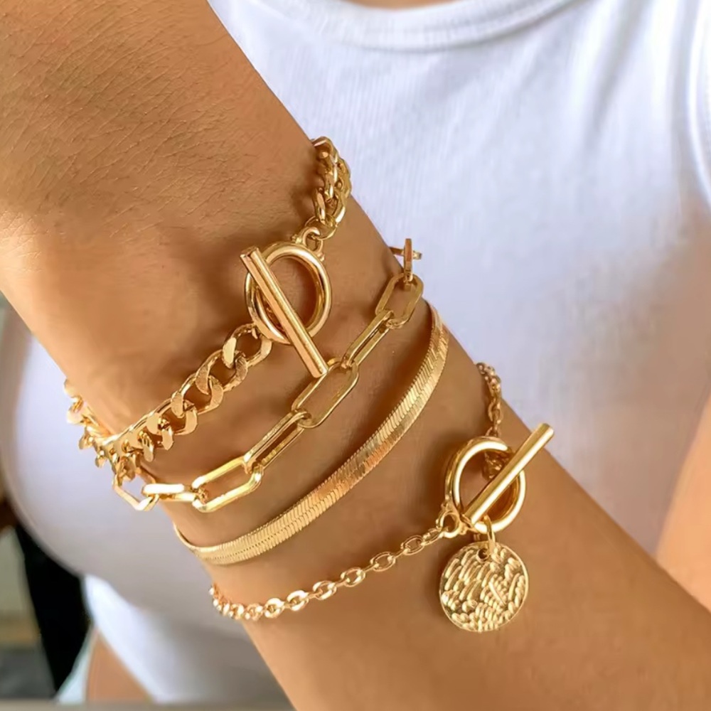 4pcs Punk Cuban Link Chain & Coin Pendant Bracelet Set – NWT